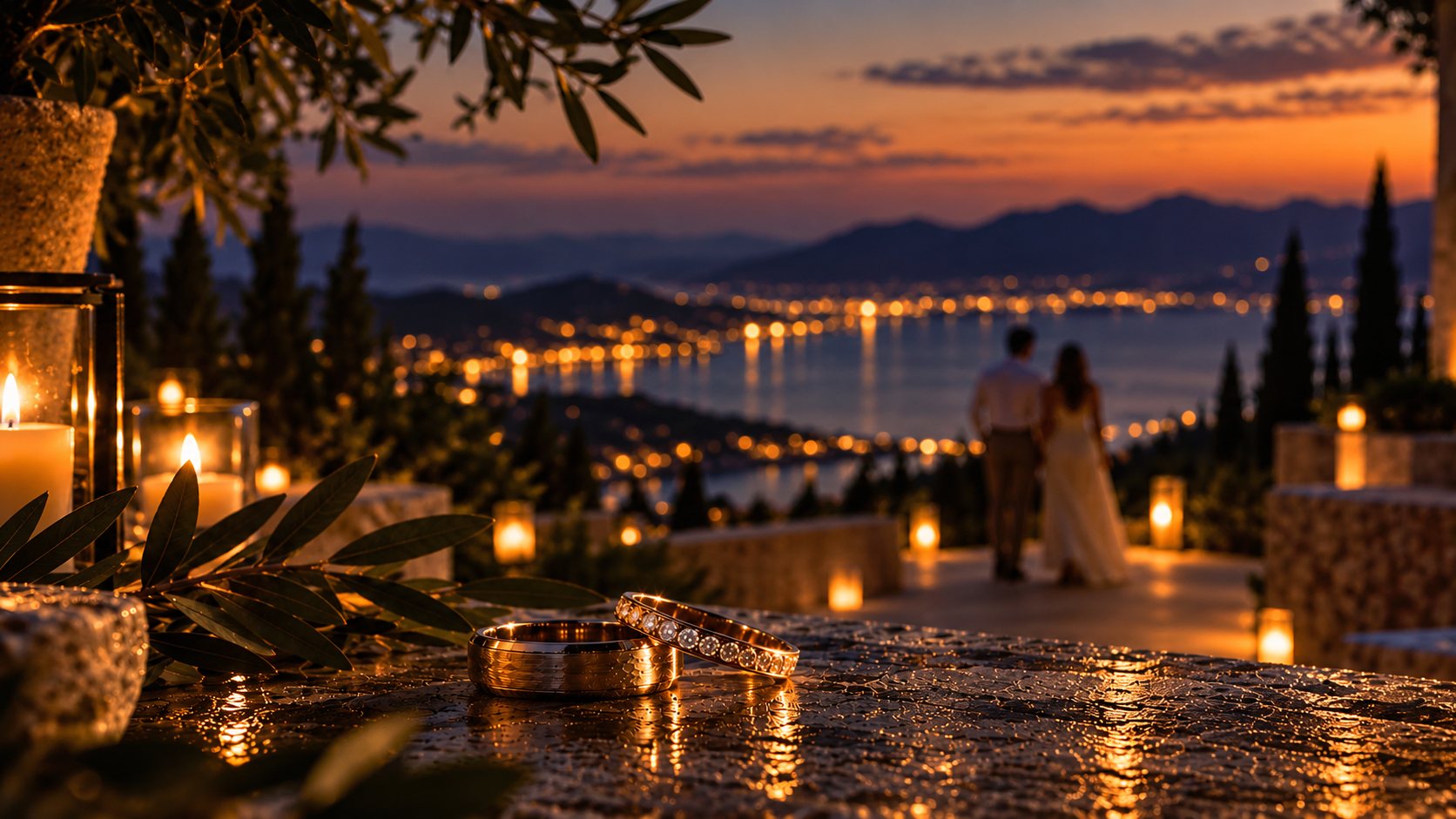 Wedding rings on a stone ledge beside an olive branch and candles, with a couple looking out over a coastline at sunset.